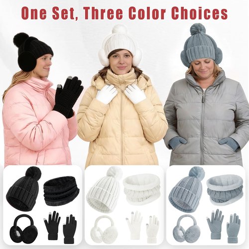 12 Pcs Women’s Winter Set– Beanie Hat Neck Warmer Touchscreen Gloves Earmuffs, Warm & Comfort Cold Weather Gifts for Women