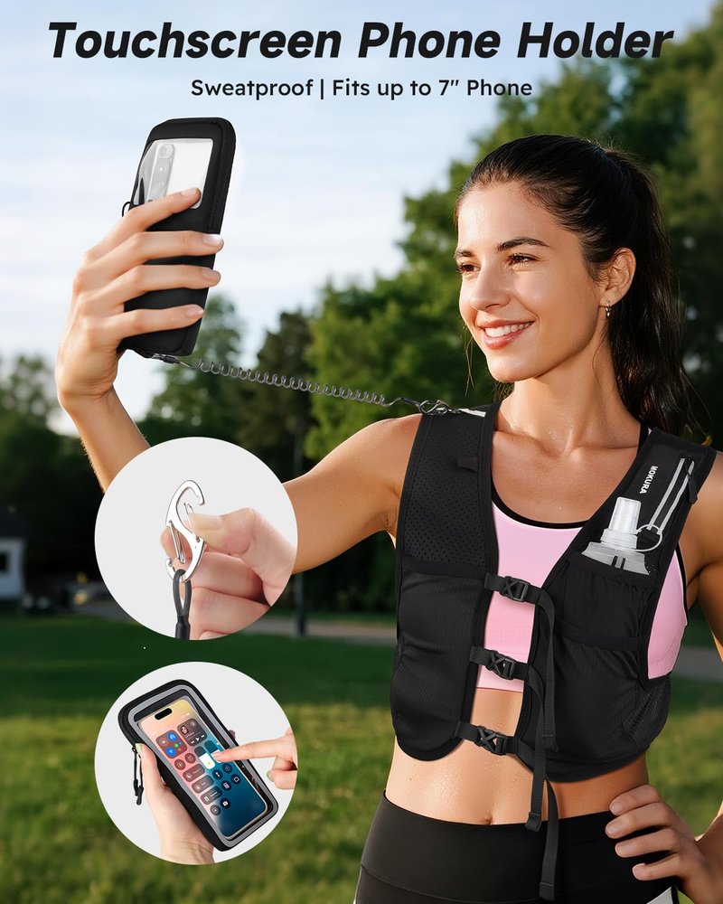 MOKURA Running Vest for Women Men, Lightweight Hydration Vest with 500ML Soft Flask & Phone Holder, Reflective Running Backpack, Adjustable Run Pack Water Bottle, Runner Marathon Essentials, Black