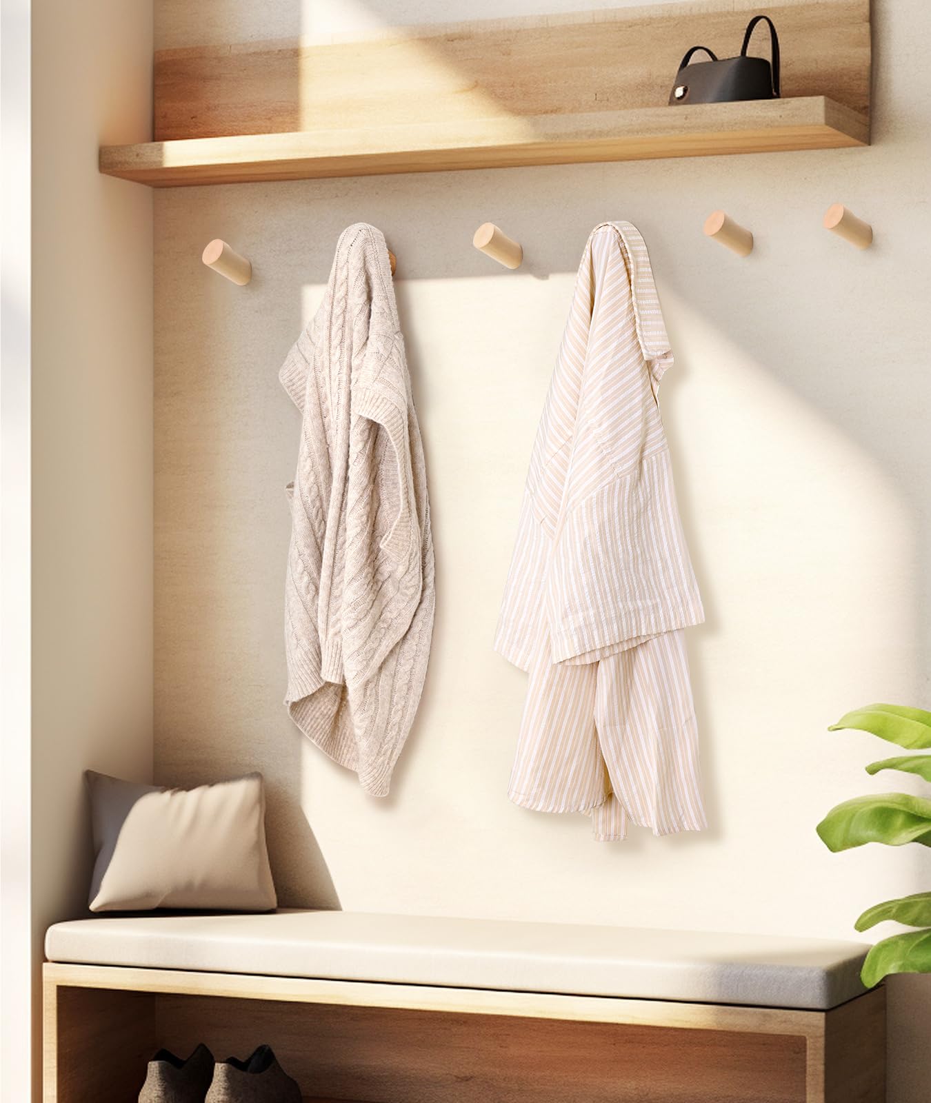 Optish Wood Wall Hooks for Hanging, 4 Pack Hat Hook for Walls, Coat Hook Wall Mount, Backpack Hooks for Walls, Bathroom Towel Hanger (Natural)