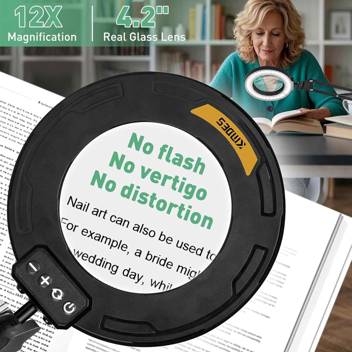 12X LED Magnifying Glass Desk Lamp with Swing Arm & Clamp - 5 Brightness Levels for Crafts & Reading