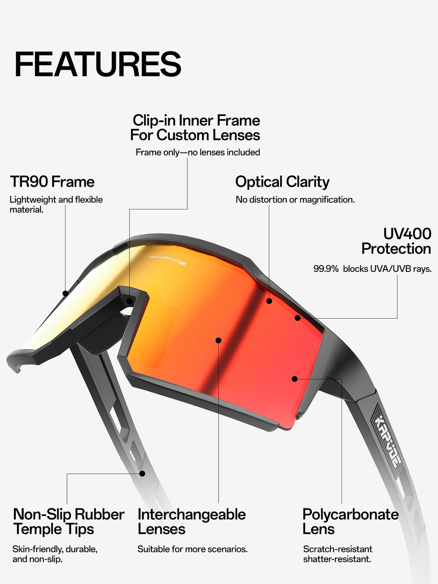 KAPVOE Polarized Cycling Glasses with 4 Interchangeable Lenses TR90 Sports Sunglasses Women Men Running MTB Bike Bicycle Accessories 01 Red Black