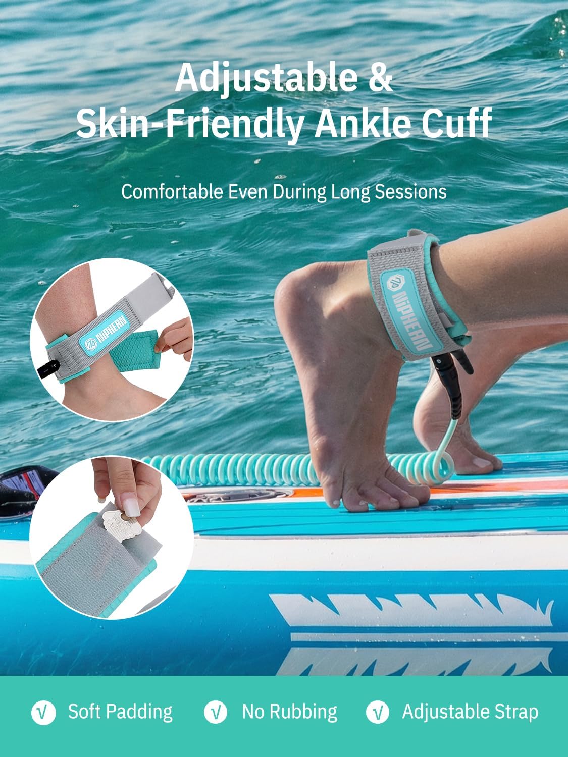 Niphean Paddle Board Leash - 3-10ft Coiled Elastic Ankle Strap | Durable, Tangle-Free & Adjustable for SUP, Surf, Bodyboard
