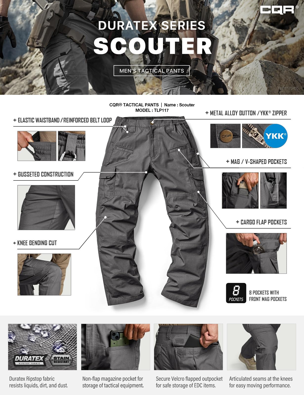 CQR Men's Tactical Pants, Water Resistant Ripstop Cargo Pants, Lightweight EDC Work Hiking Pants, Outdoor Apparel, Raider Charcoal, 42W x 32L