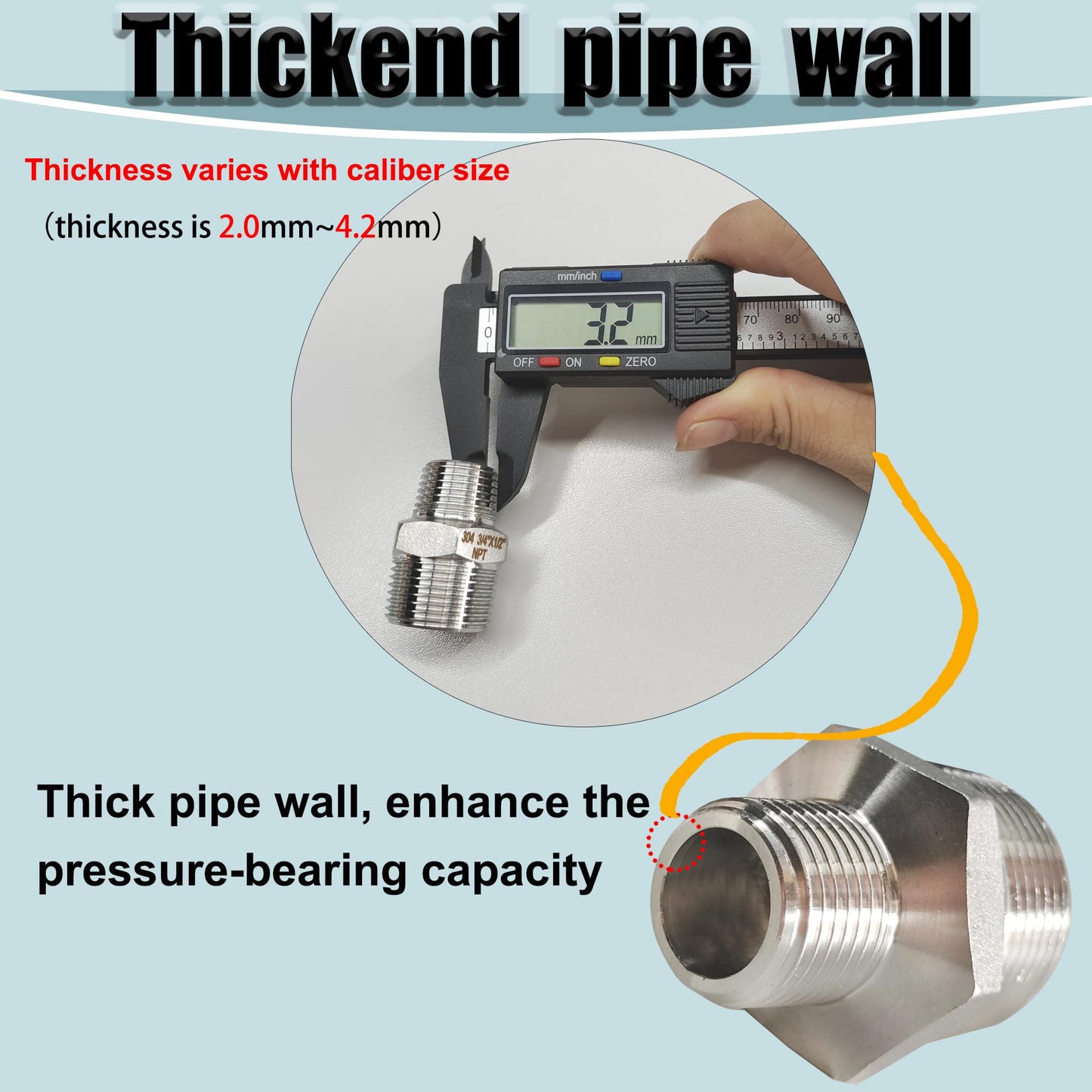 304 Stainless Steel Hex Nipple Reducer, 3/4" x 1/2" NPT Male Threaded Reducing Nipple Pipe Fitting Adapter, 2000psi Heavy Duty Reducer Straight Connector (3/4"- 1/2")
