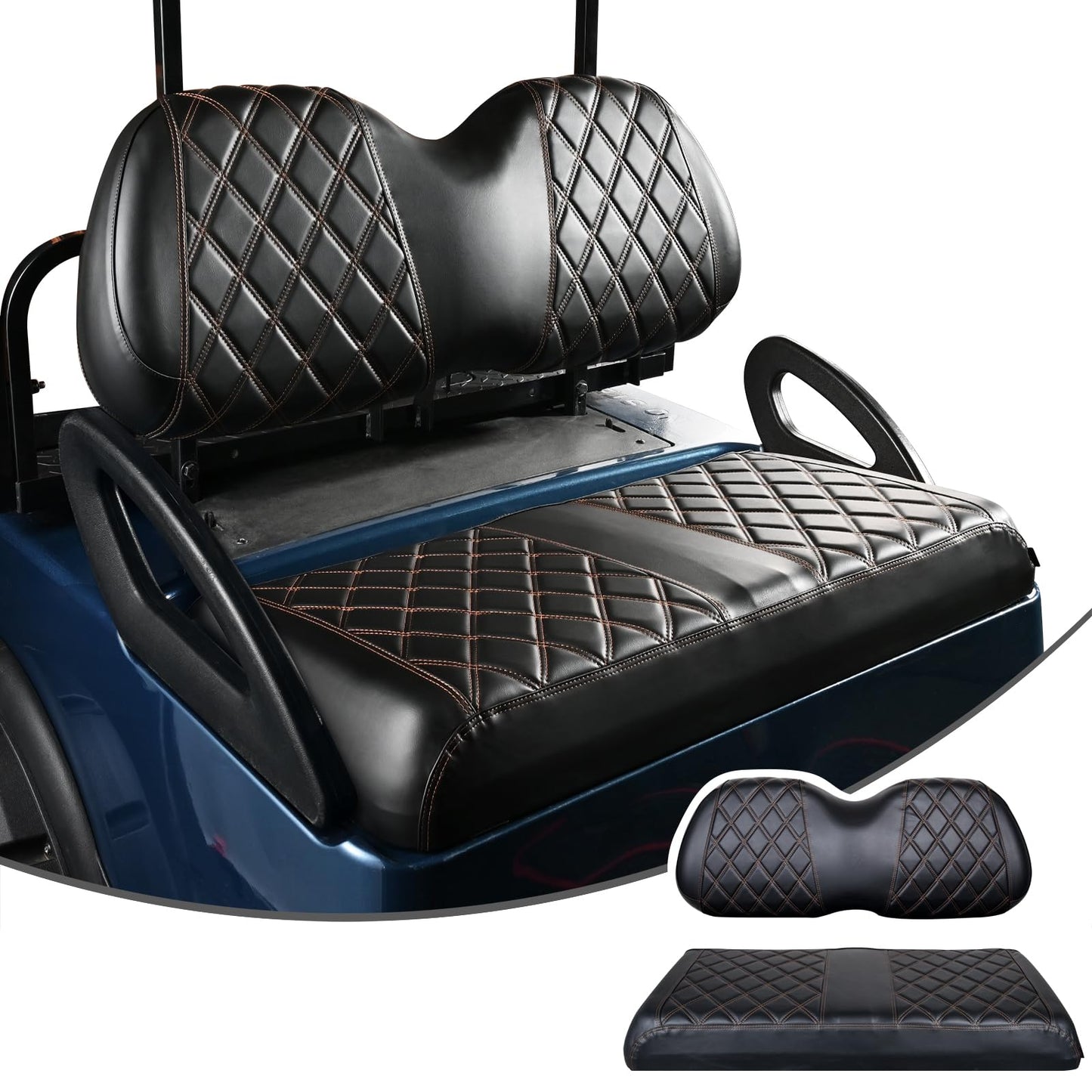 NOKINS Golf Cart Diamond Seat Covers Kit, Fit for Club Car Precedent OEM Standard Front Seat Cushion, Golf Cart Vinyl Seat Cover, No Nails Required (Black and Brown Stitching)