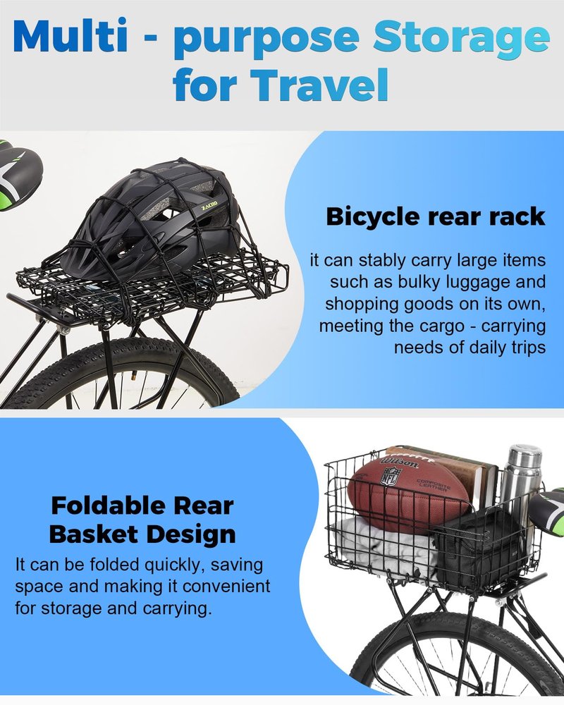 Fitense Rear Bike Rack with Basket- Bicycle Cargo Rack with Waterproof Cover, Liner and Cargo Net, Bike Storage Basket for Double - Rod axle Bikes for 26" - 29" and 700c Bikes