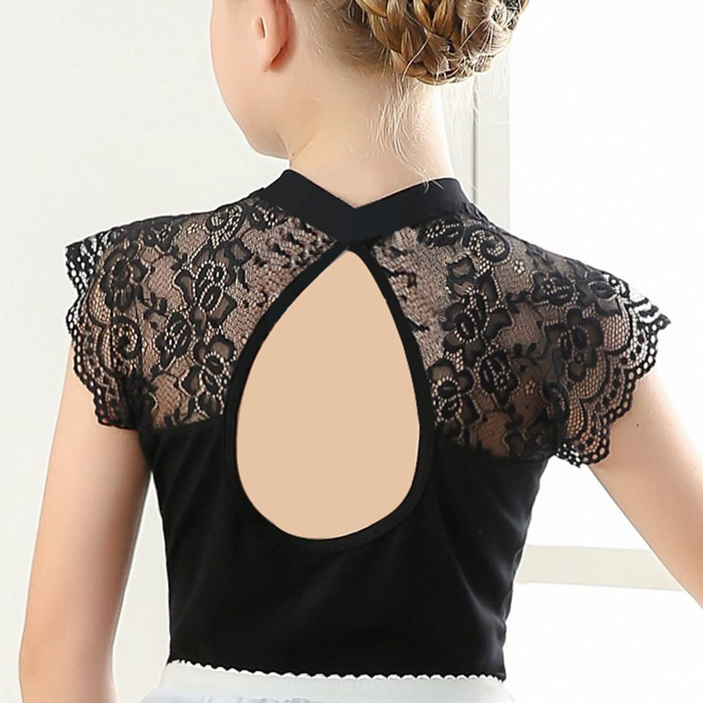 famuka Toddler Girl Lace Ballet Dance Leotards Kid Backless Short Sleeve Ballerina Outfit (as1, age, 6_years, 7_years, Black)
