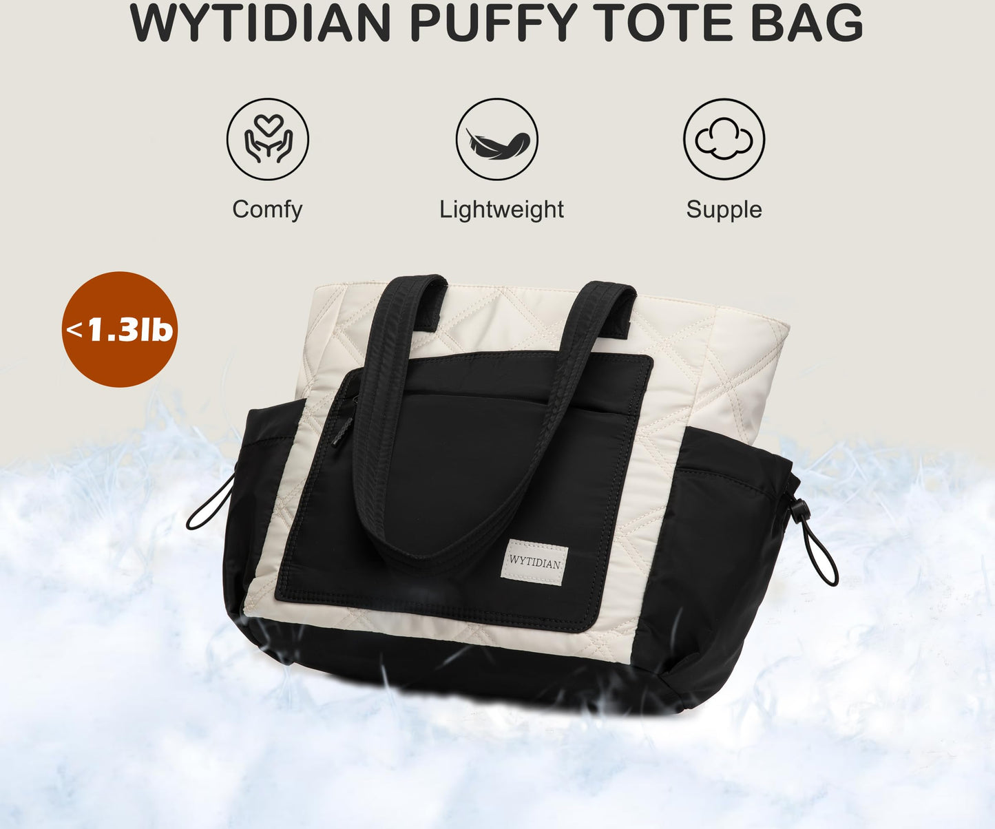Wytidian 2PCS Women Tote Bag, Puffer Lightweight Shoulder Bags, Quilted Nurse Totes with Zipper for Work, Traveling, College (White-black)