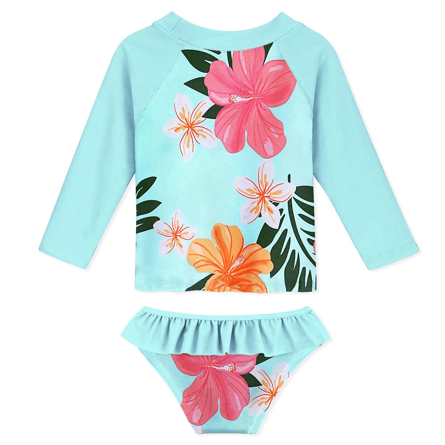 Funnycokid Girls Swimsuit Toddler Bathing Suit Swim Long Sleeve 2 Piece Rash Guard 4T 3T Set for Kids Hawaiian Blue Floral