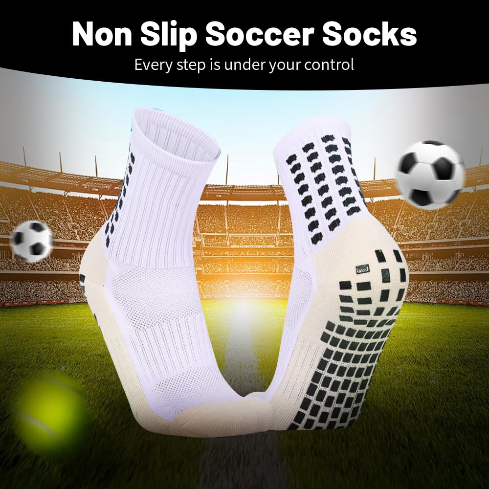 BAIBERRI 5 Pack Men's Soccer Socks Anti Slip Non-Slip Grip Pads for Football Basketball Sports Grip Soccer Socks（White）
