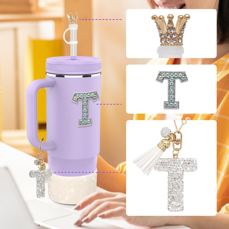 Rabrgab 6Pcs Stanley Cup Accessories Set - Giltter Letter Charm for Cup Handle, Silicone Straw Cover, Diamond Letter Sticker, Sparkly Silicone Boot, Spill Proof Stopper for Tumbler 40Oz 30Oz J