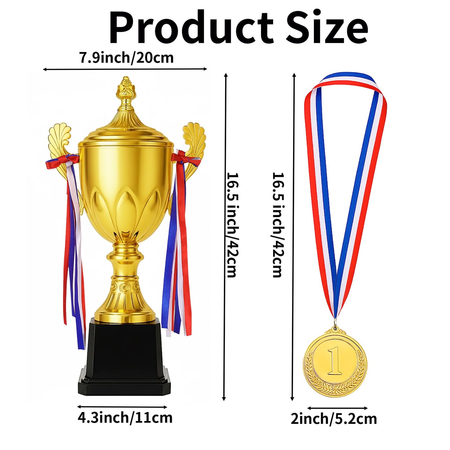 Dorhui Gold Award Trophy 16.5 Inch Large Winner Trophy Cup and Award Medal with Ribbon for Kids and Adults for Sports, Competitions, Tournaments