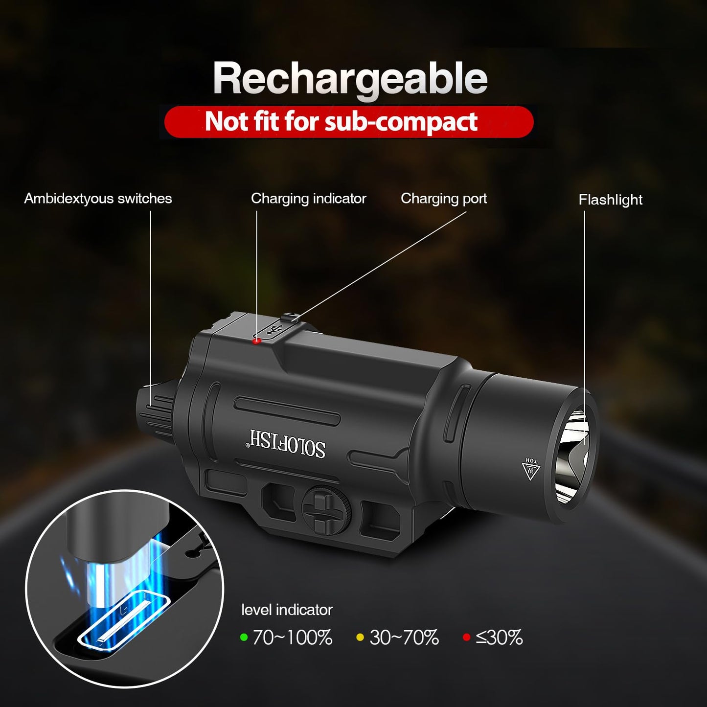 Solofish 1500 Lumens Slidable Pistol Light with Strobe/Momentary