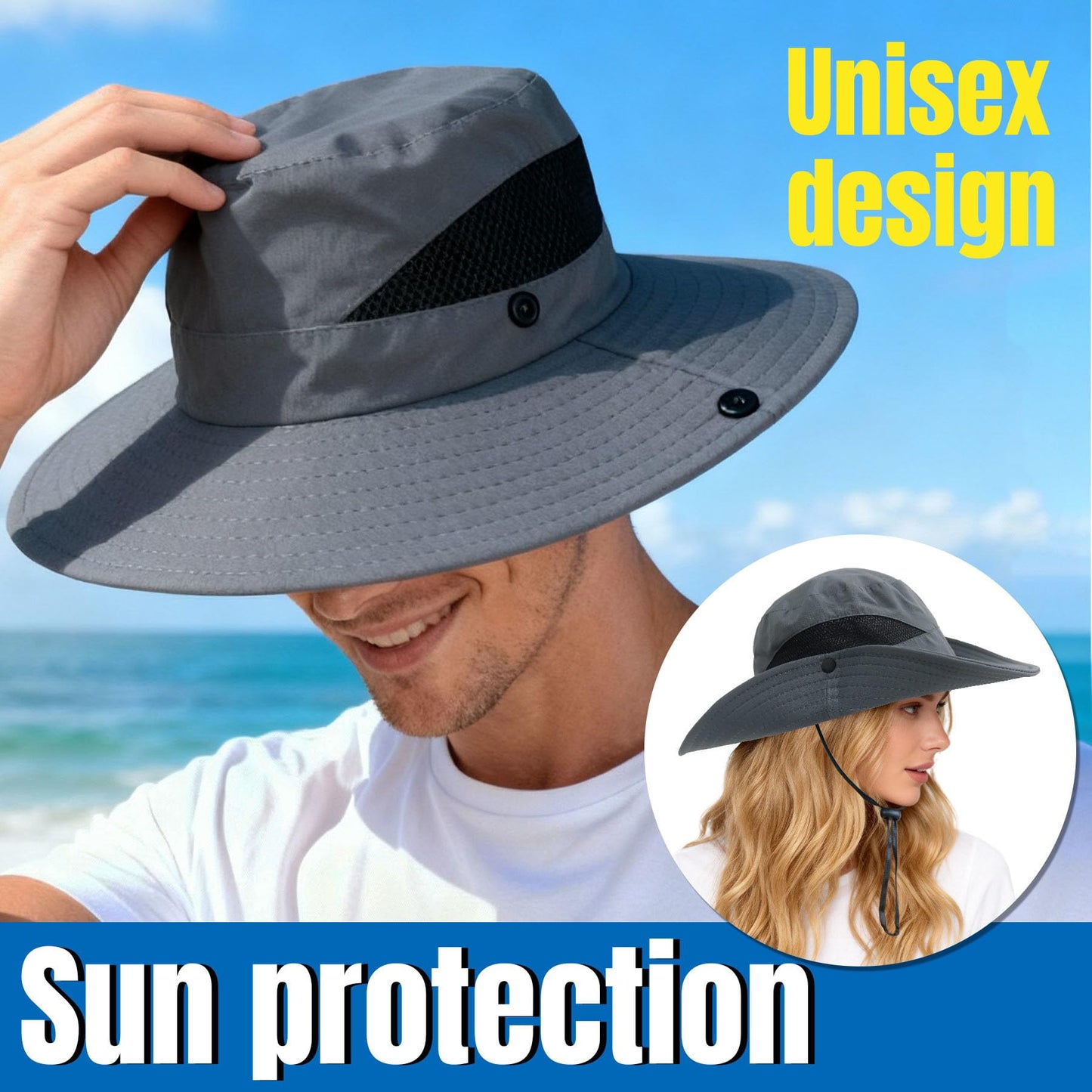 NPJY Sun Bucket Hats Wide Brim Fishing Hat UPF 50+ Beach Outdoor Hiking Hats Black