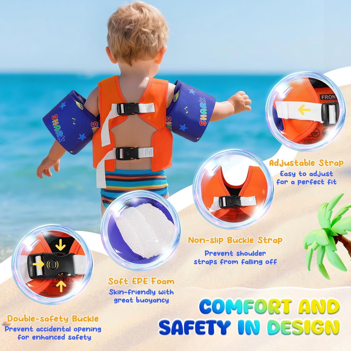 MoKo Toddler Swim Vest for Kids, Arm Floaties for Toddler 20-30-50 lbs, Water Wings with Emergency Whistle, Cute Arm Band Pool Floaties Swim Training Equipment for Pool, Orange Blue Headset Shark
