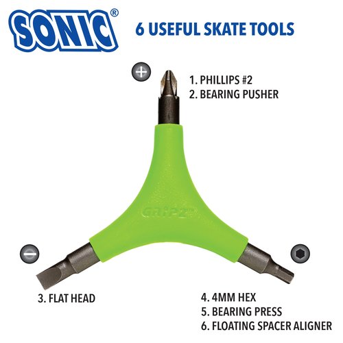SONIC Gripz Inline Skate Tool, 6 Tools, 4 mm Hex, Rotate Wheels, Remove Bearings, 2 Screwdrivers to Adjust Hockey Helmets, Designed in USA