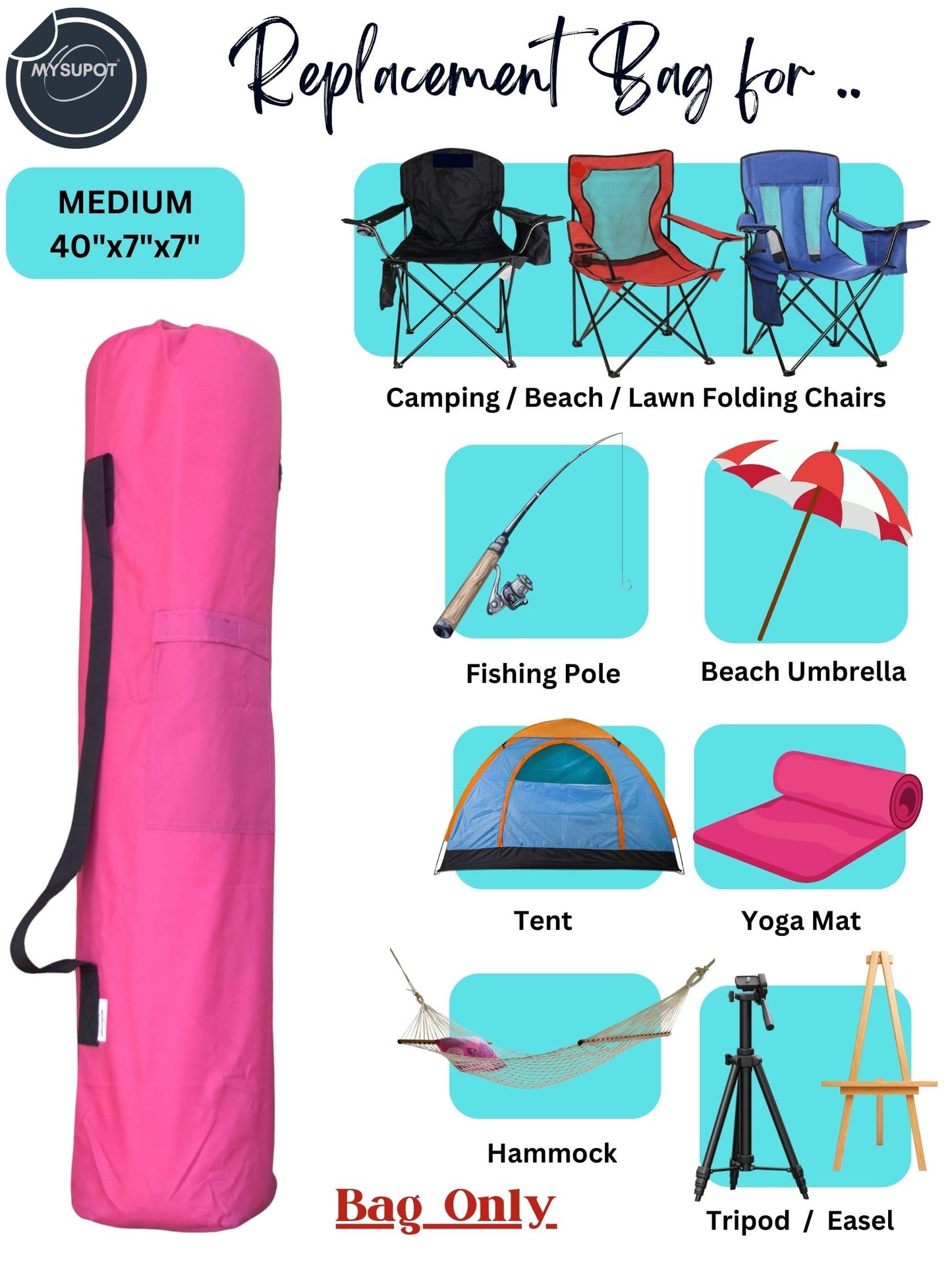 MYSUPOT 40"x7"x7" (Pink, M) Replacement Bag for Folding Camping Chair, Camp Chairs, Hammock, Yoga Mat, Beach Chair, Umbrella, Tent Bag 420D Oxford Polyester Fabric w/Side Pockets