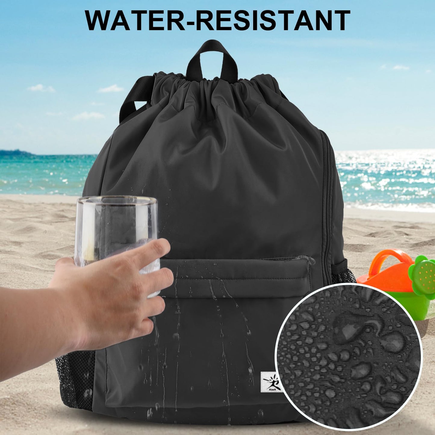 Risefit Drawstring Backpack with Mesh Pockets String Gym Bag Sackpack Sandproof Water Resistant Beach Backpack for Men Women