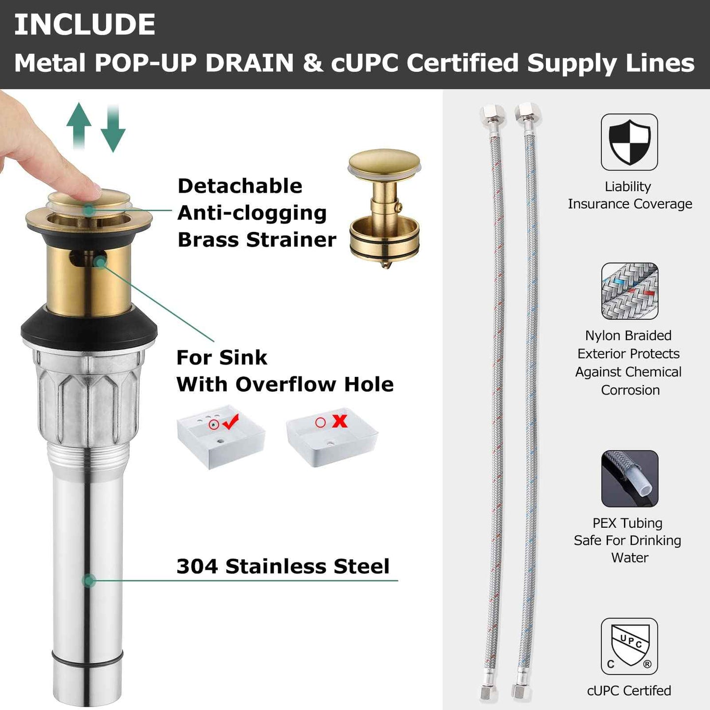 PARLOS 2 Handles Waterfall Bathroom Faucet with Metal Pop-up Drain and Faucet Supply Lines, Brushed Gold, Doris 1406808