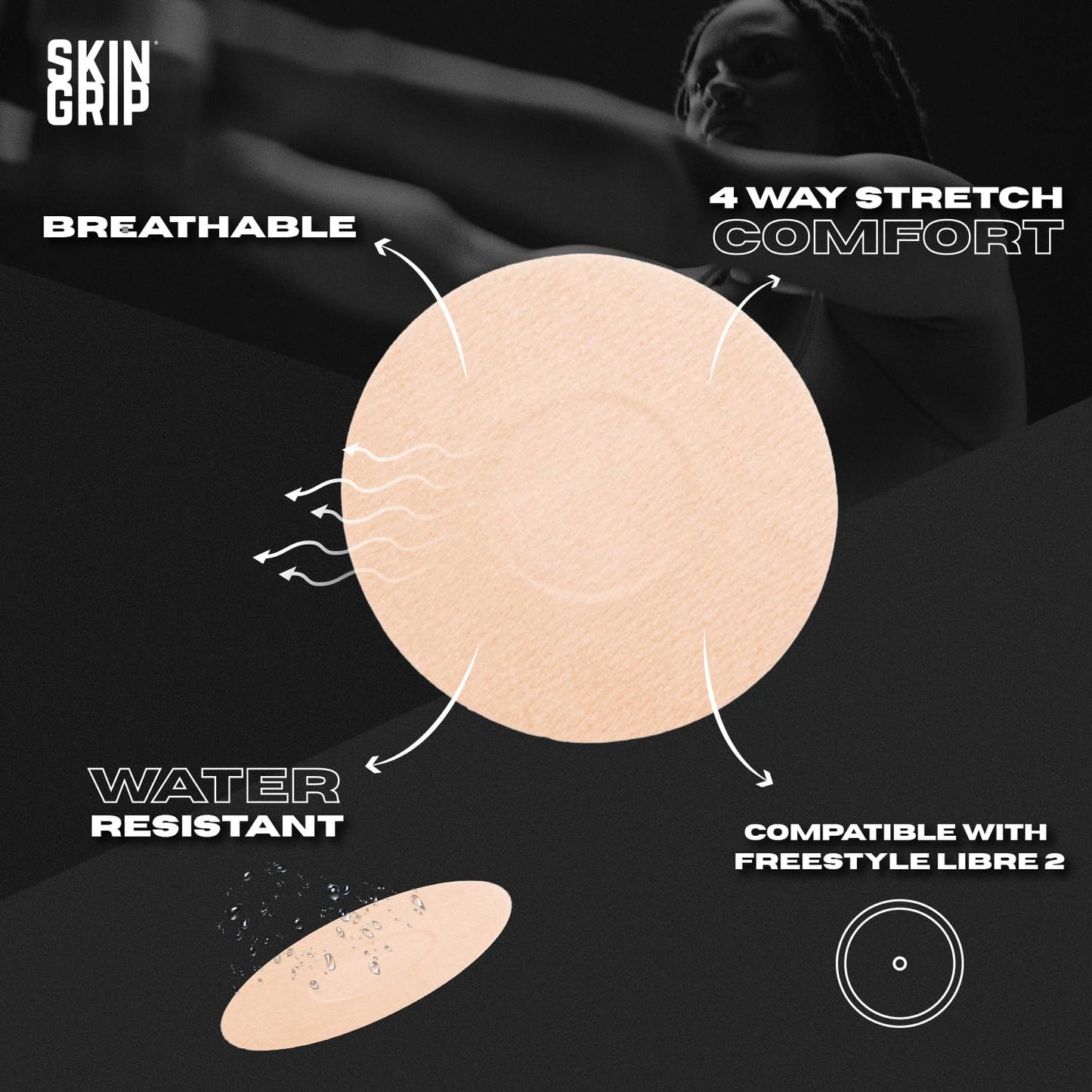 Skin Grip MAX Freestyle Libre 2 Sensor Covers Waterproof, Non-Fraying, Extreme CGM Tape, Continuous Glucose Monitor Patch, Libre Sensor Protection Covers, 10-Pack, Tan