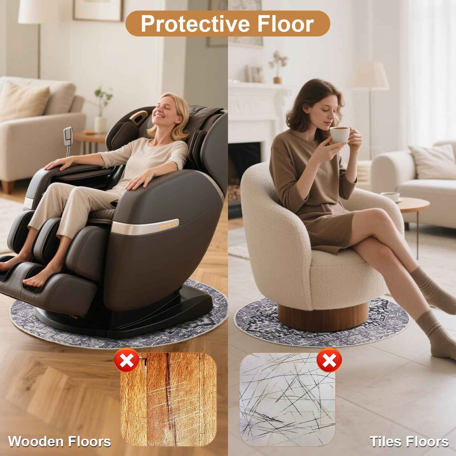 Recliner Pads for Hardwood Floors, Rocking Chair Floor Protectors, Non-Skid Furniture Gripper Small Circle Rug for Recliners, 31.5inch Diameter Low Pile Heavy Duty Non Slip Multi-Purpose Rug