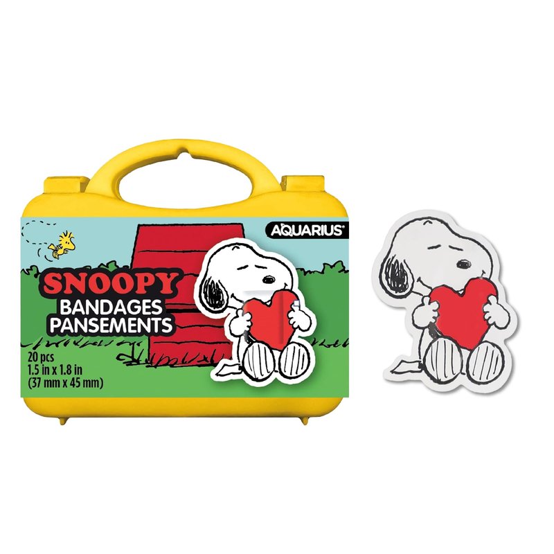 AQUARIUS Peanuts Snoopy Adhesive Bandages – 20 Count Cartoon Snoopy Bandages in Travel Case, Kids First Aid Supplies, Latex-Free Nonstick Sterile Plasters for Minor Cuts