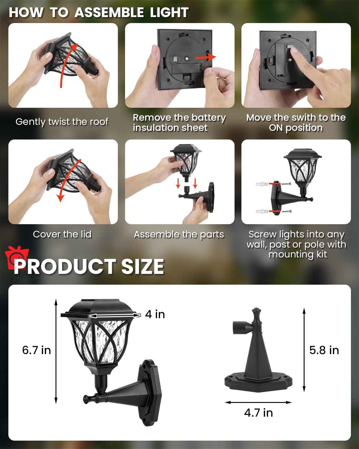 TISEJOY Solar Wall Lantern Dog House Lights, Waterproof Solar Powered Decorative Lights for Pet House, Fence, Garden, Shed and Backyard (2 Pack)