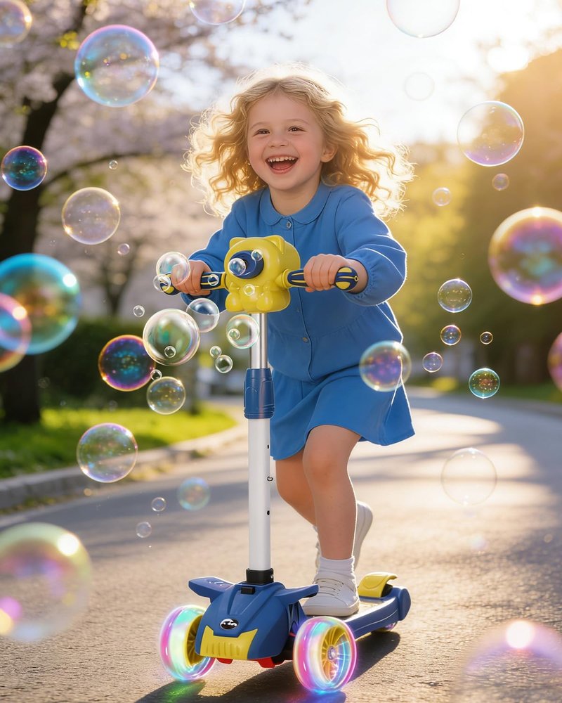 Kids Scooter with Bubble Machine for 3-10 Ages Kids, 3 Wheel Kick Scooter with LED Multi Color Wheel Lights and 3-Height Adjustable Handlebar, Toddler Scooter Lean to Steer for Boys & Girls (Blue)