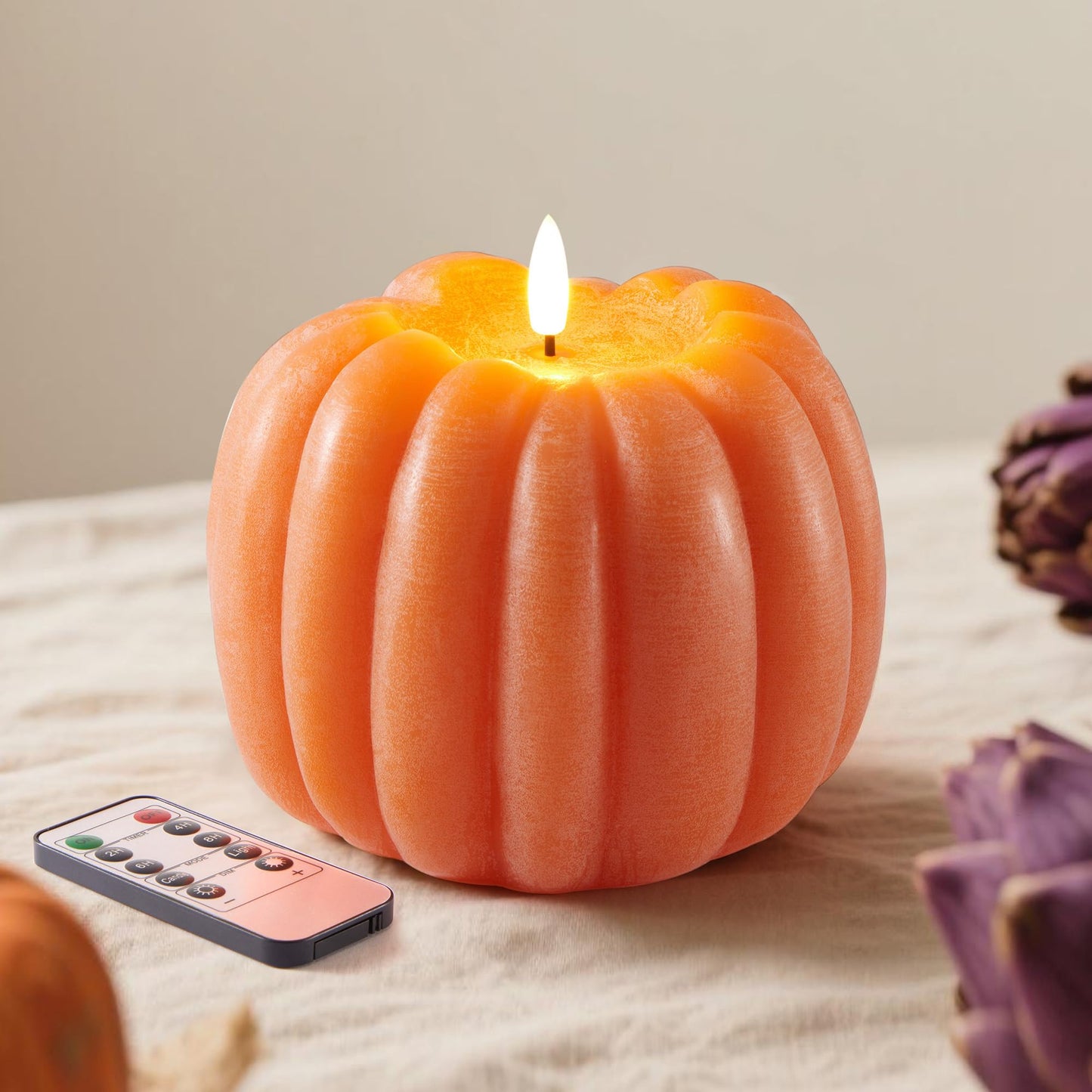 Velsyn Fall Decorations for Home, Flickering Flameless Wax Pumpkin LED Candle with Timer Remote Control, Thanksgiving Gifts, Autumn Farmhouse Rustic Harvest Decor for Tiered Tray Table Indoor (Orange)