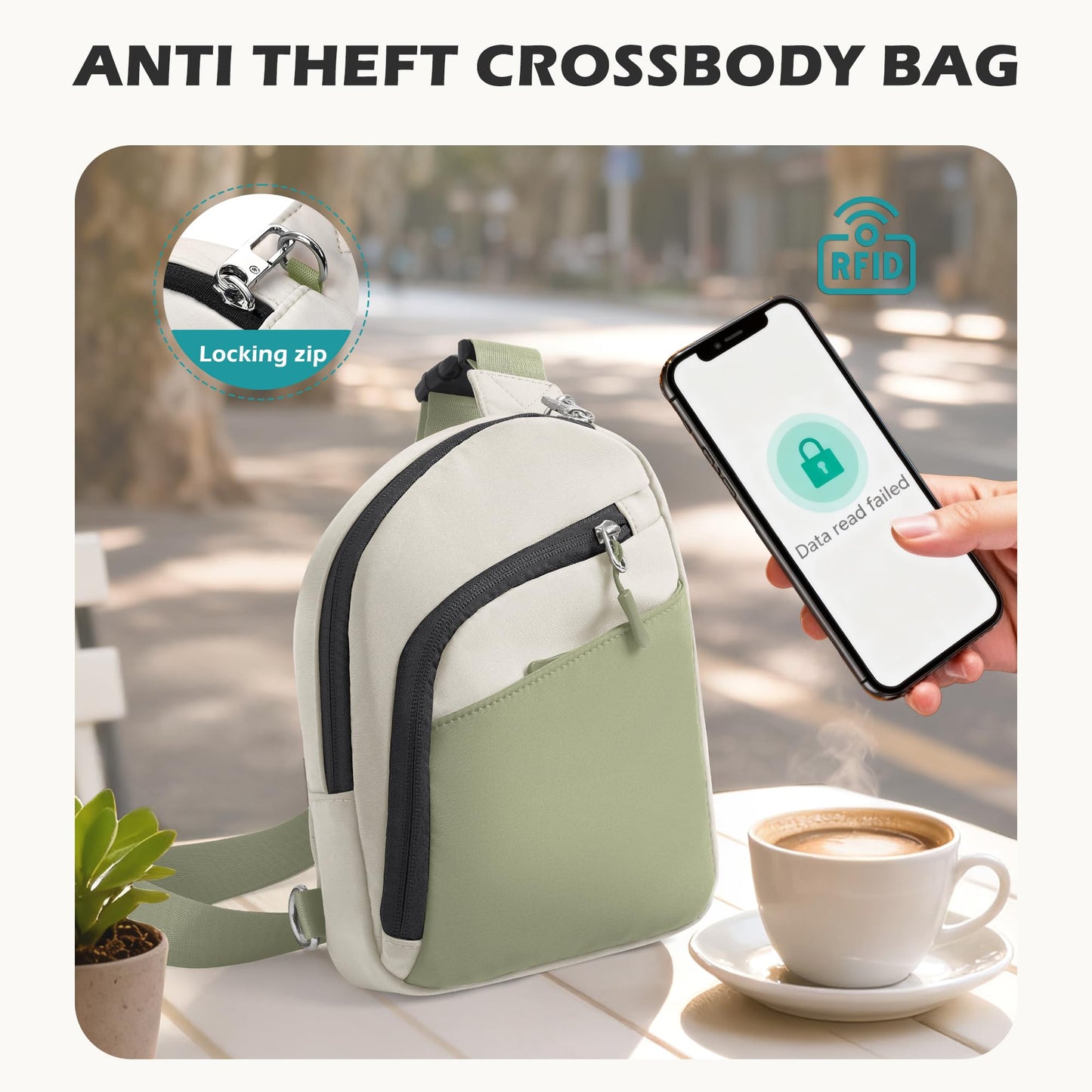 TOPEAST Anti-Theft Crossbody Bag for Women Men, Small Cross Body Bags Shoulder Bag for Travel Work, Slim Sling Bag with RFID Blocking for Gift, Beige Green
