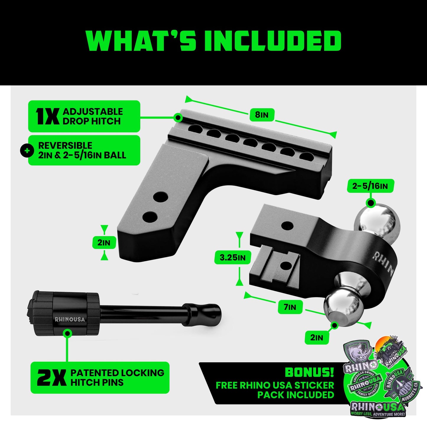 Rhino USA Adjustable Trailer Hitch (2in Receiver) - 6in Drop/Rise