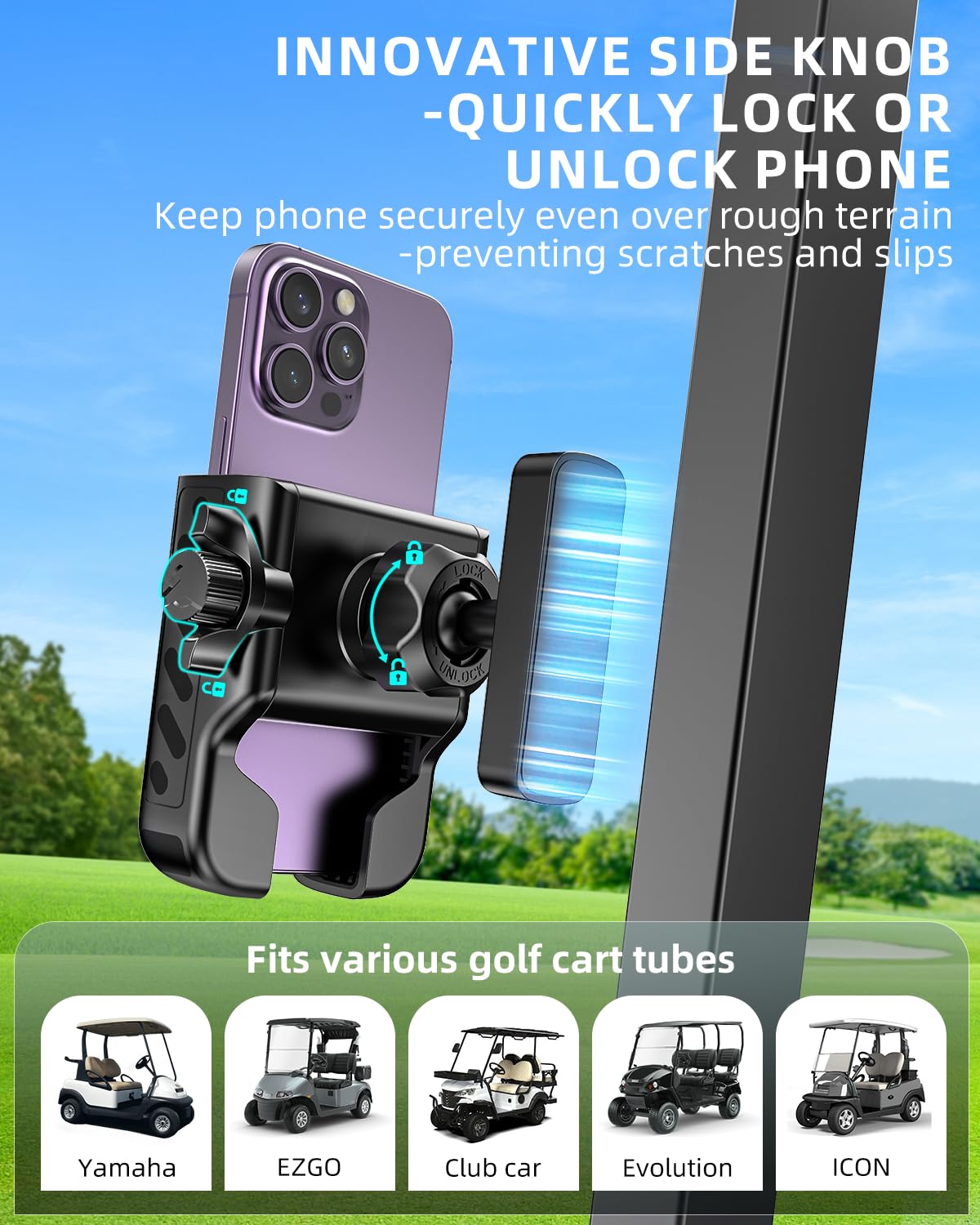 Omnqira Magnetic Golf Cart Phone Holder, Sturdy Aluminum Mount with 6X N52 Magnets & Quick-Lock Knob, 360° View for EZGO, Club Car, Yamaha, Golf Gifts for Men & Dad