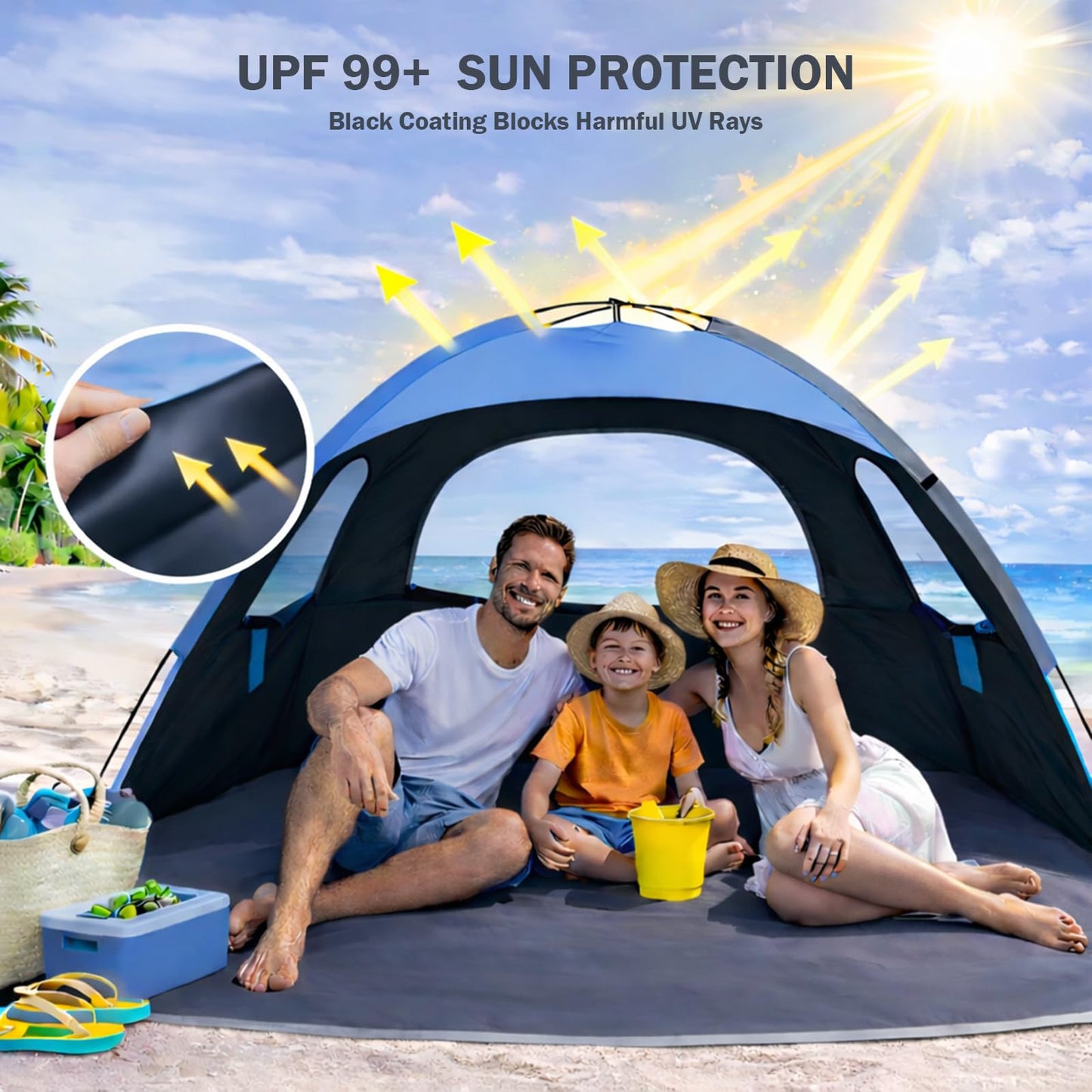 NXONE Beach Tent Sun Shade Shelter for 2-3 Person with UV Protection, Extended Floor, 3 Mesh Roll Up Windows & 8.0mm Fiberglass Rods丨Carry Bag Included (Dark Shelter-Ocean Blue)