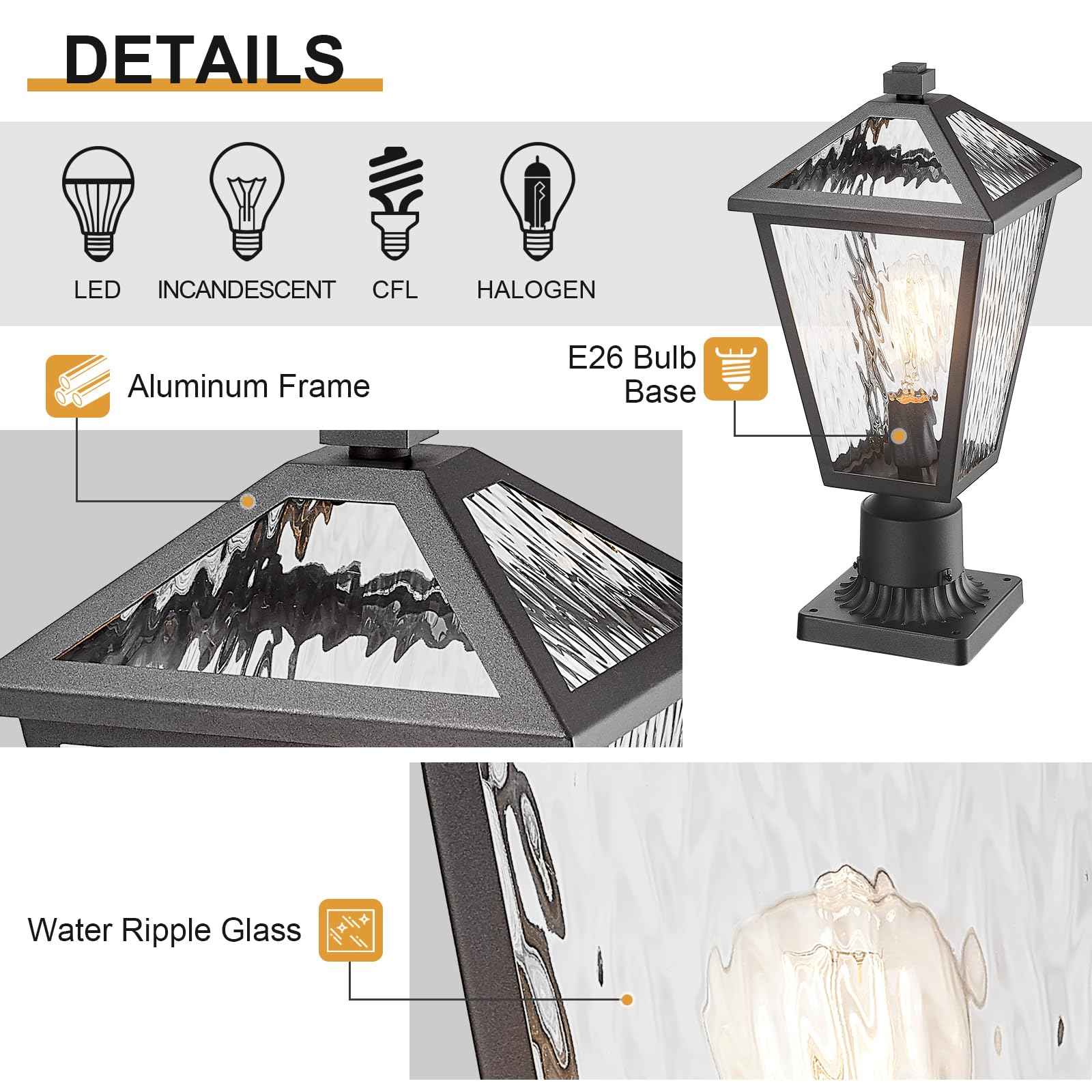 Luminzone Outdoor Post Lights with Water Ripple Glass, Modern Waterproof and Anti-Rust Aluminum Pillar Outside Lighting for Garden, Driveway, Patio, Porch, Garage, Black, Medium