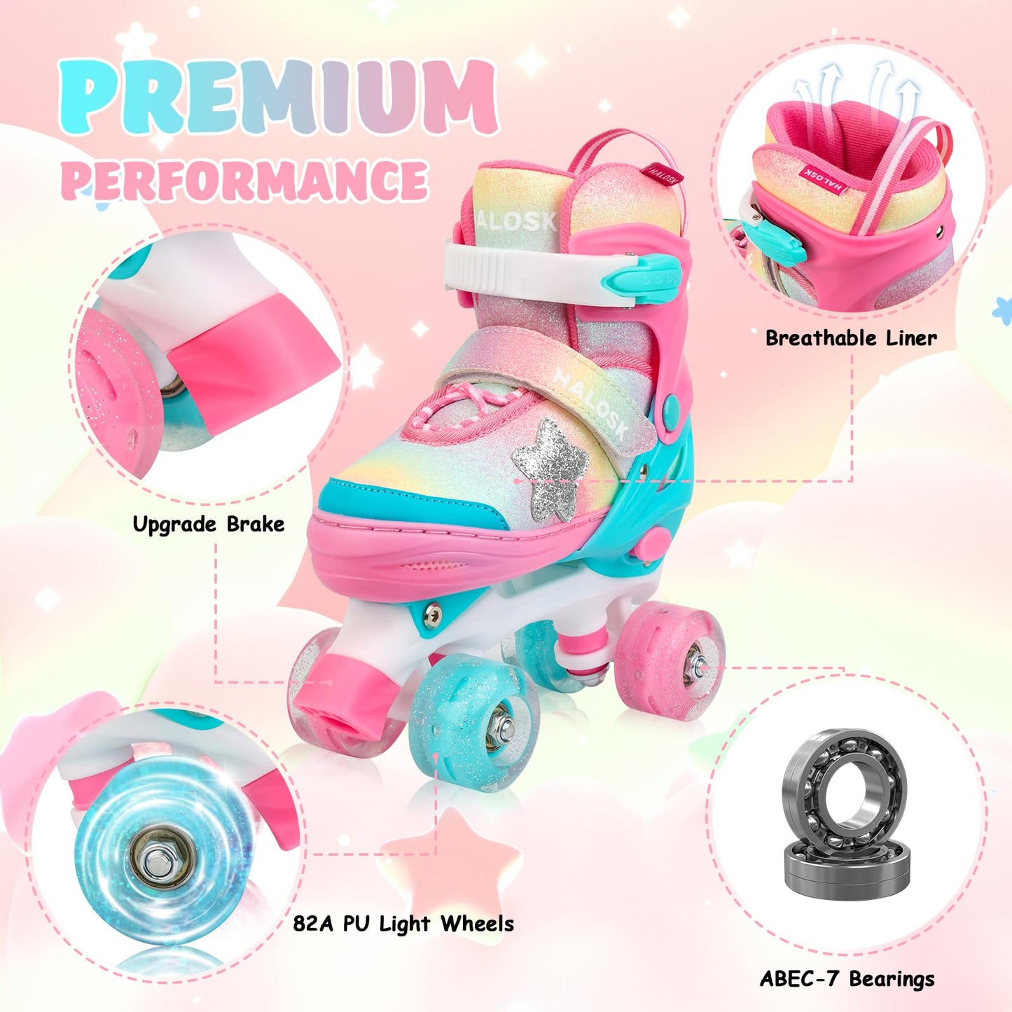 HALOSK Girls Roller Skates for Kids Boys, Adjustable Double Row Quad Skate with Light-Up Wheels, Gradient Star Design for Beginners Ages 3–12