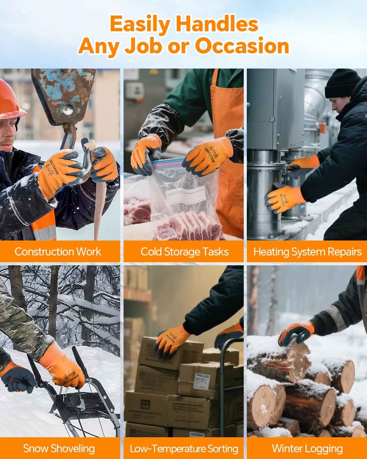 BOLTGARD 2 Pairs Waterproof Work Gloves for Men & Women, Winter Cold Weather Gloves with Thermal Liner - Safety Work Gloves for Freezer, Fishing, Gardening, Yard Work & Snow Cleaning, Non-Slip Grip