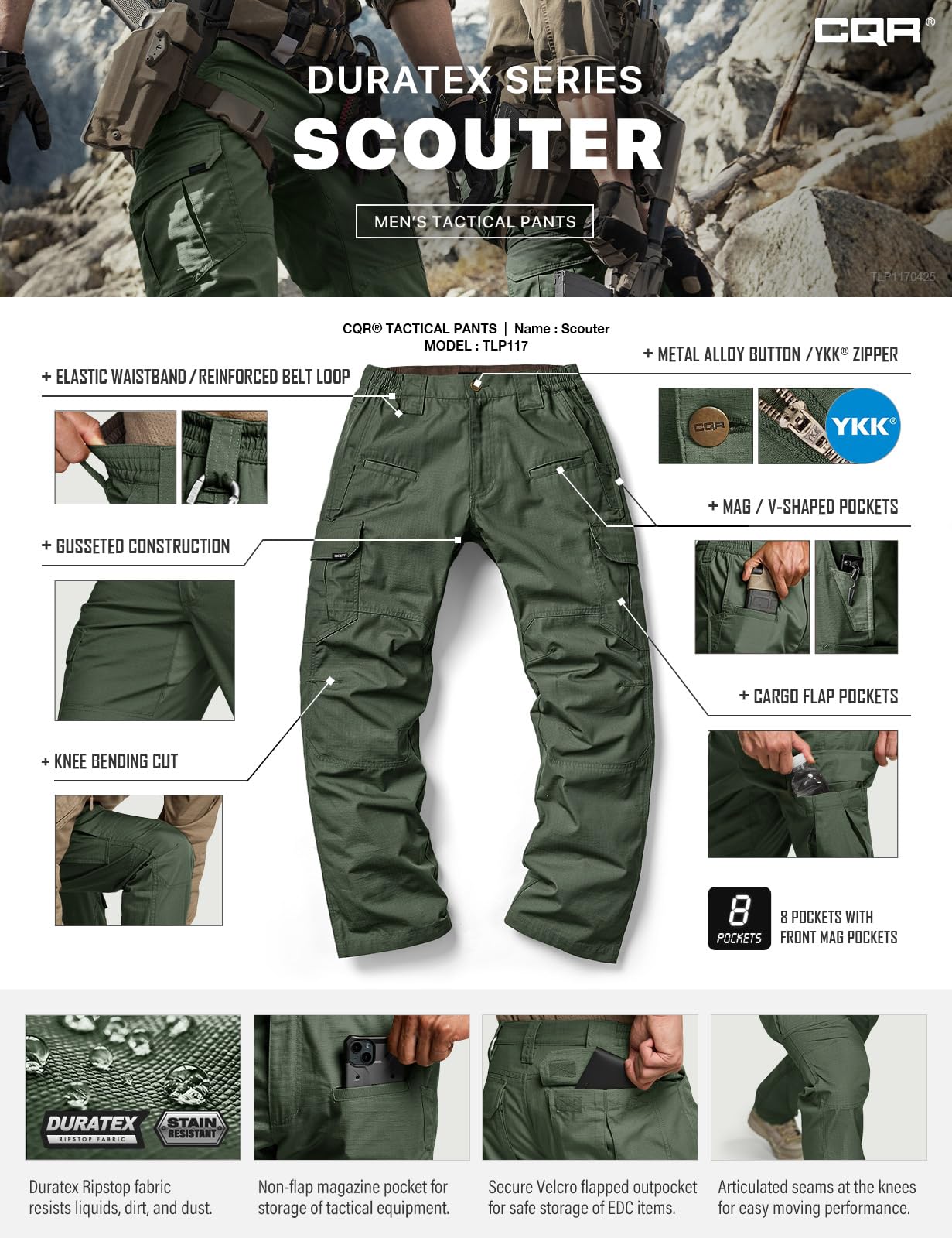 CQR Men's Tactical Pants, Water Resistant Ripstop Cargo Pants, Lightweight EDC Work Hiking Pants, Outdoor Apparel, Raider Green Kelp, 40W x 32L