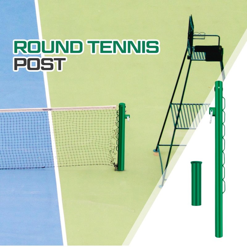 Otoolling Tennis Posts with Net Crank Outdoor Heavy Duty Professional Green Tennis Permanent Court Kit for Net Quick Fixation System Equipped with a Cable Reel(Round,42 inches)