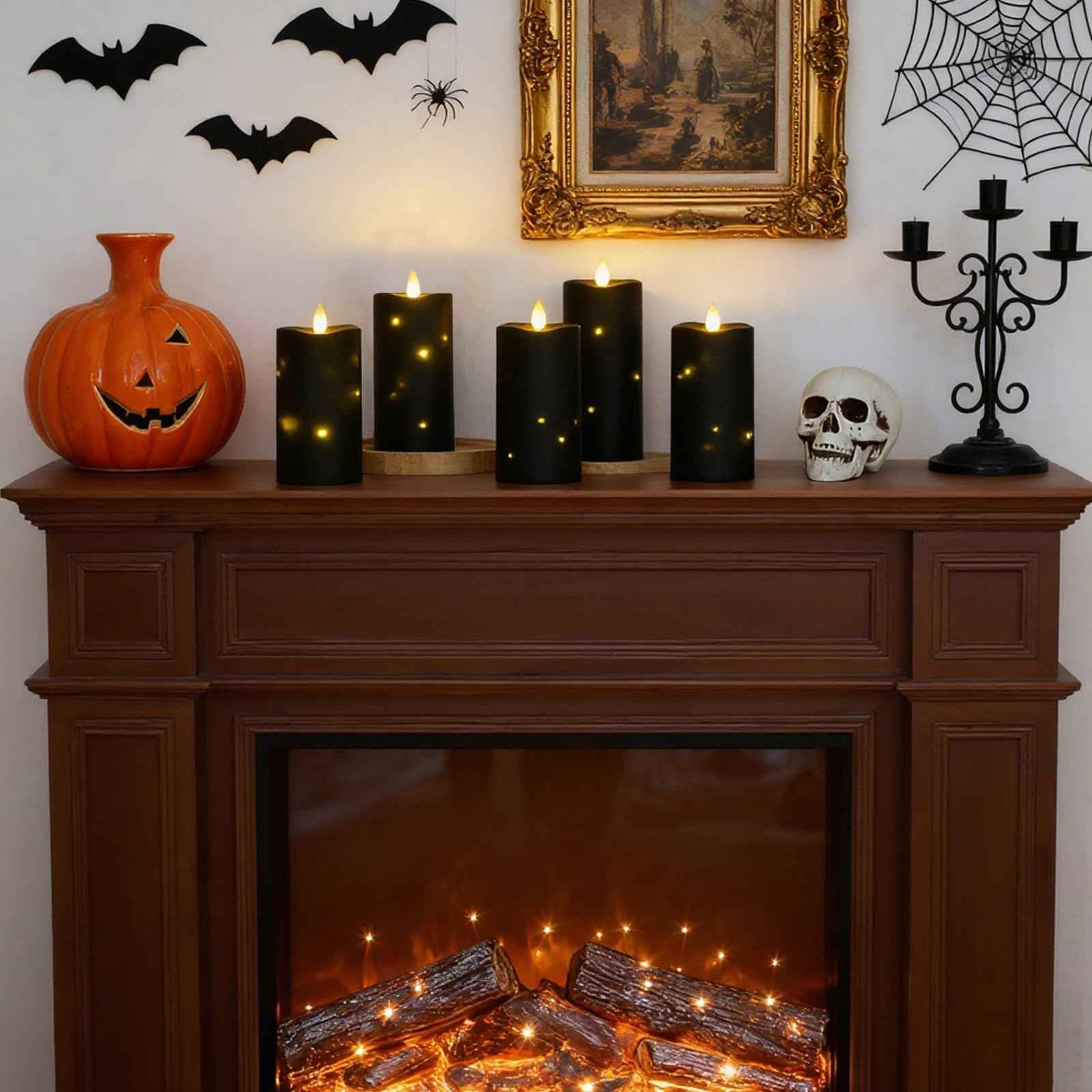 Lezonic Black Flameless Waterproof Outdoor Candles with Remote, 4Pcs Battery Operated Candles LED Flickering Dancing Flame, Built-in String Lights for Halloween Patio Room Decor, 3.25" x 6"
