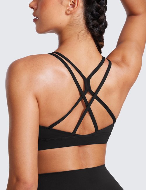 CRZ YOGA Womens Butterluxe High Neck Longline Sports Bras - Criss Cross Halter Wireless Padded Gym Workout Crop Top Black Medium