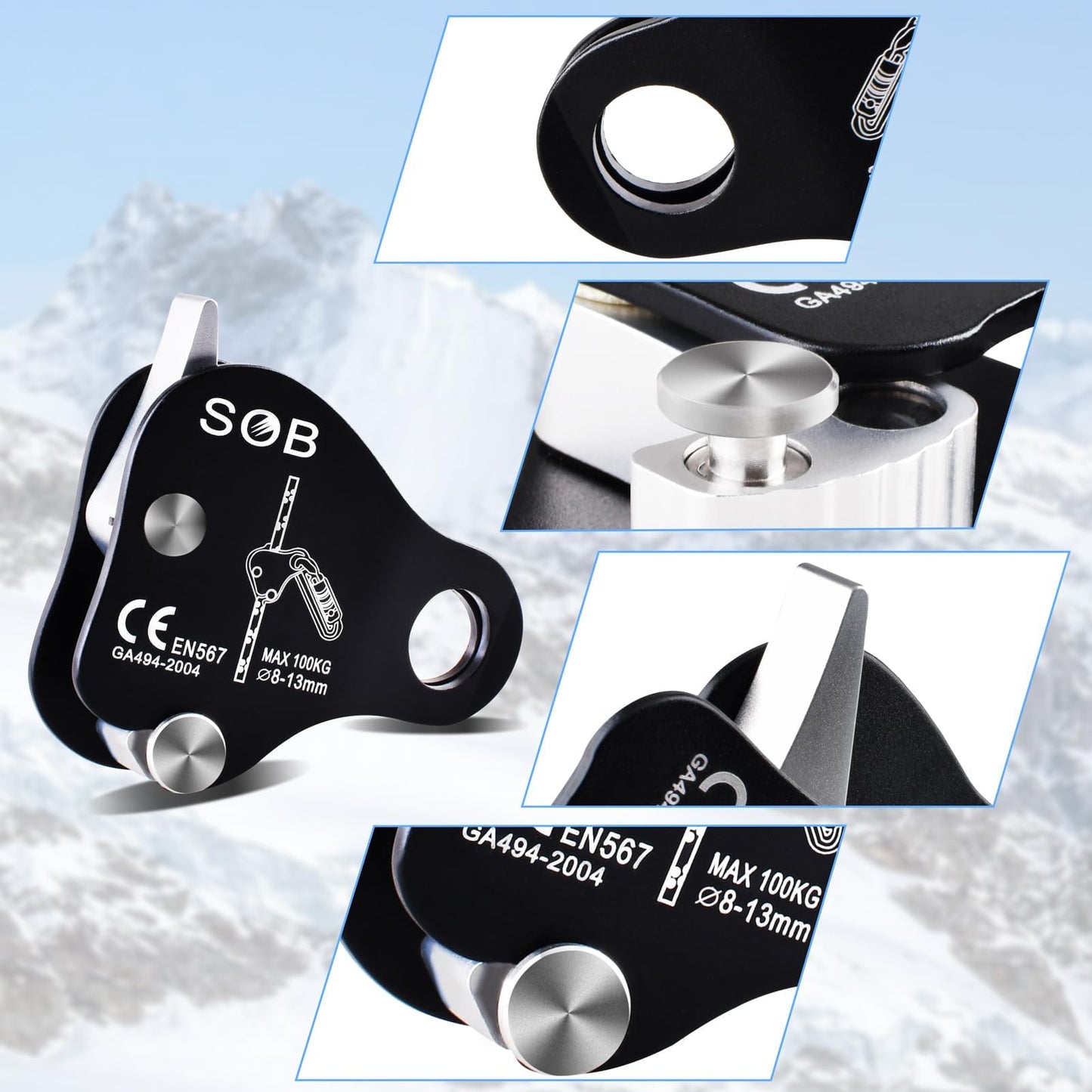 Azarxis Climbing Descender Ascender Belay Device Self Locking Fall Protection Rappel Equipment Rope Grip for 8-13mm Rope for Rock Mountaineering Aerial Work Caving Rescue Tree Arborist (Black)