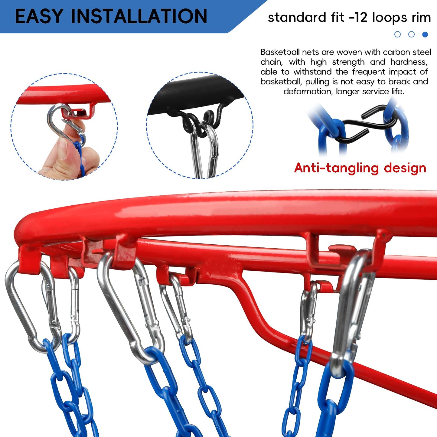 Basketball Net Heavy Duty Replacement,Carbon Steel Chain Basketball net Anti-Rust Use Indoor Outdoor Standard 12 Loops Basketball Hoop,Blue