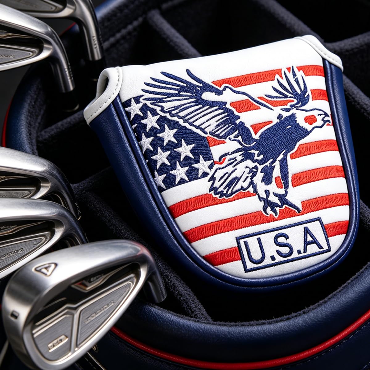 GOOACTION American Eagle Mallet Putter Head Cover – 3D Embroidered Stars & Stripes with Eagle, Magnetic Closure, Waterproof PU Leather, Patriotic Golf Cover