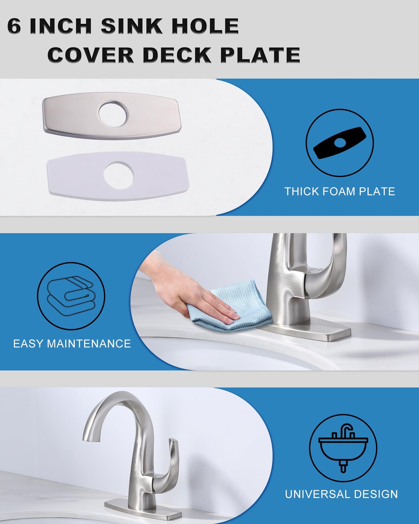 Bathroom Faucet Escutcheons Brushed Nickel: 6 Inch Sink Hole Cover - Non-Leakge Deck Plate For Bathroom Faucet - Solid Faucet Base Plate for 1 or 3 Hole Bathroom Vanity Basin - 4" Faucet Cover Plate