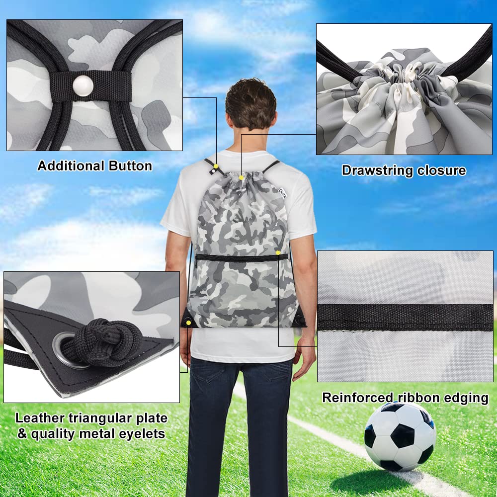 CALACH draw string back bag, Large Gym Sports string backpack for men and women with front zipper pocket and inside zipper pocket to keep key or phone (Grey camo)