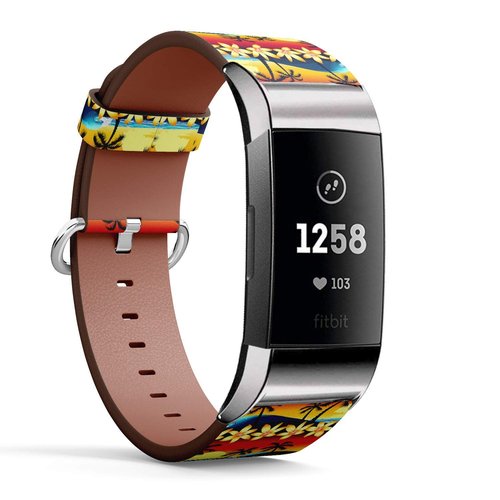 Compatible with Fitbit Charge 3 & 3 SE - Leather Wristband Bracelet Replacement Accessory Band (Includes Adapters) - Tropical Hibiscus Palm Tree Sunset