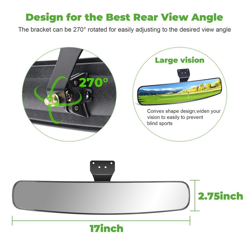10L0L Universal Golf Cart Rear View Mirror for Yamaha EZGO Club Car, 16.5" Extra Wide Panoramic Convex Center Mirror with Rotatable Bracket