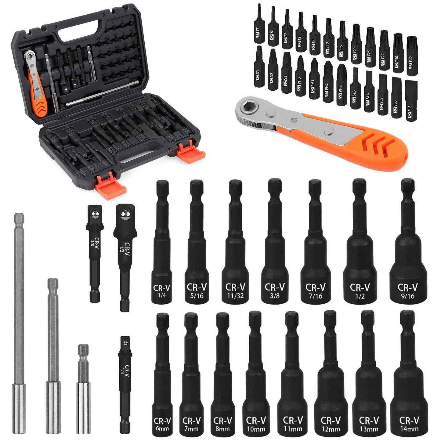 HORUSDY 47Pcs Nut Driver Set SAE and Metric, Impact Magnetic Nut Driver for impact drill, Socket Adapters, Screwdriver Bit Set, Cr-V Steel 1/4" Hex Shank Quick Change,with Storage Case