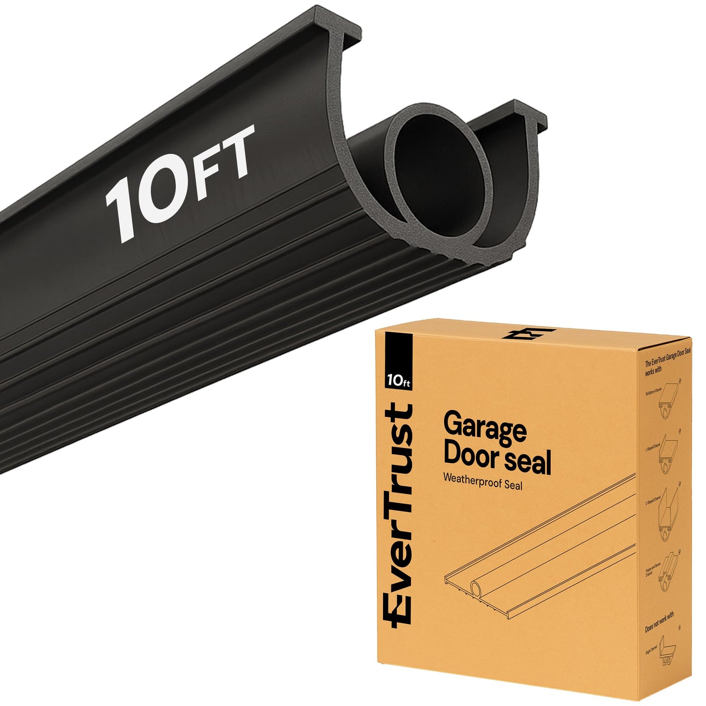 EverTrust 10ft/3M Garage Door Bottom Seal – Weatherproof Stripping Rubber Seal with T-Ends 5/16 inch. Protect Your Garage from Weather and Dust with EPDM Rubber Garage Door Draft Stopper (10 Ft)
