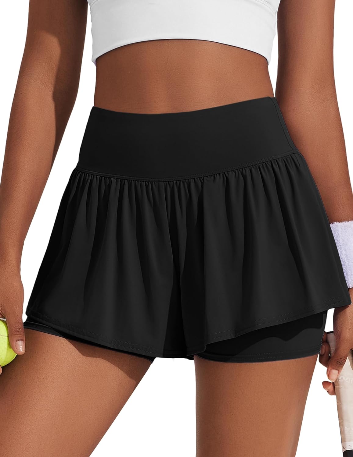 PINSPARK 2 in 1 High Waisted Running Shorts - Women's Athletic Gym Shorts with Pockets | Flowy Design